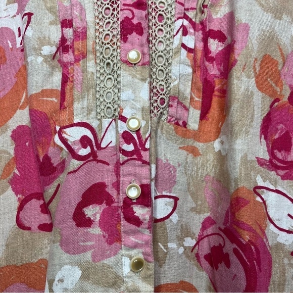 JM Collection Women 100% Linen Button Down Top Medium Pink Floral Embroidered - Picture 4 of 8